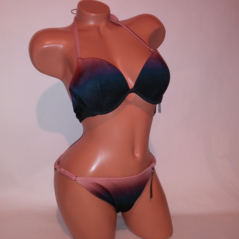 Victoria Secret Swim Bikini 36B Top Large Bottom Ombre Push Up Black Mauve Halte